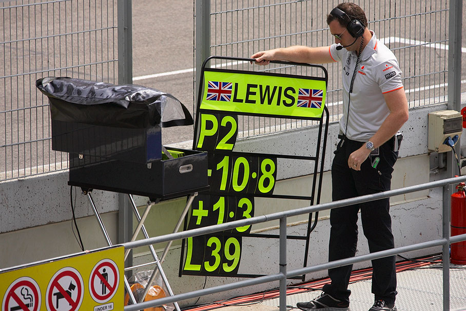 Lewis Hamilton's pit wall signal is being prepared