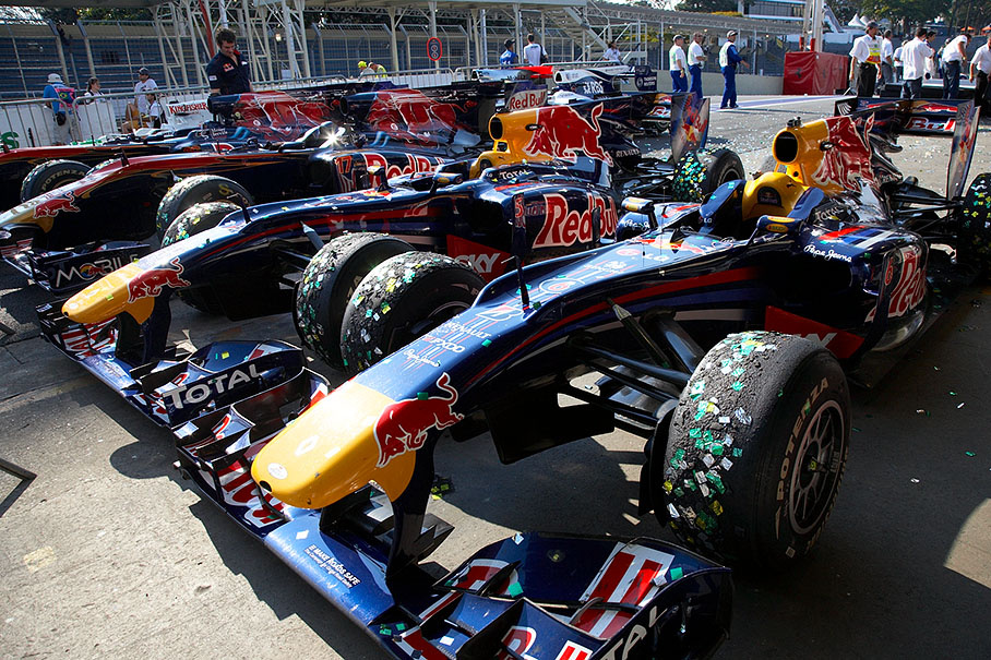 Glitter from podium ceremony on the Red Bull car's tyres