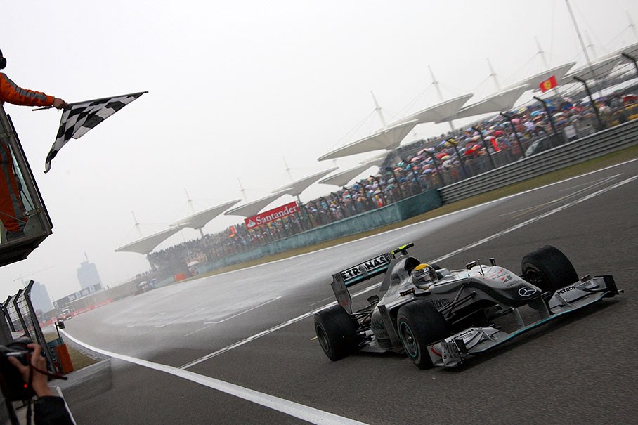 Third positioned Nico Rosberg, Mercedes GP, takes the chequered flag