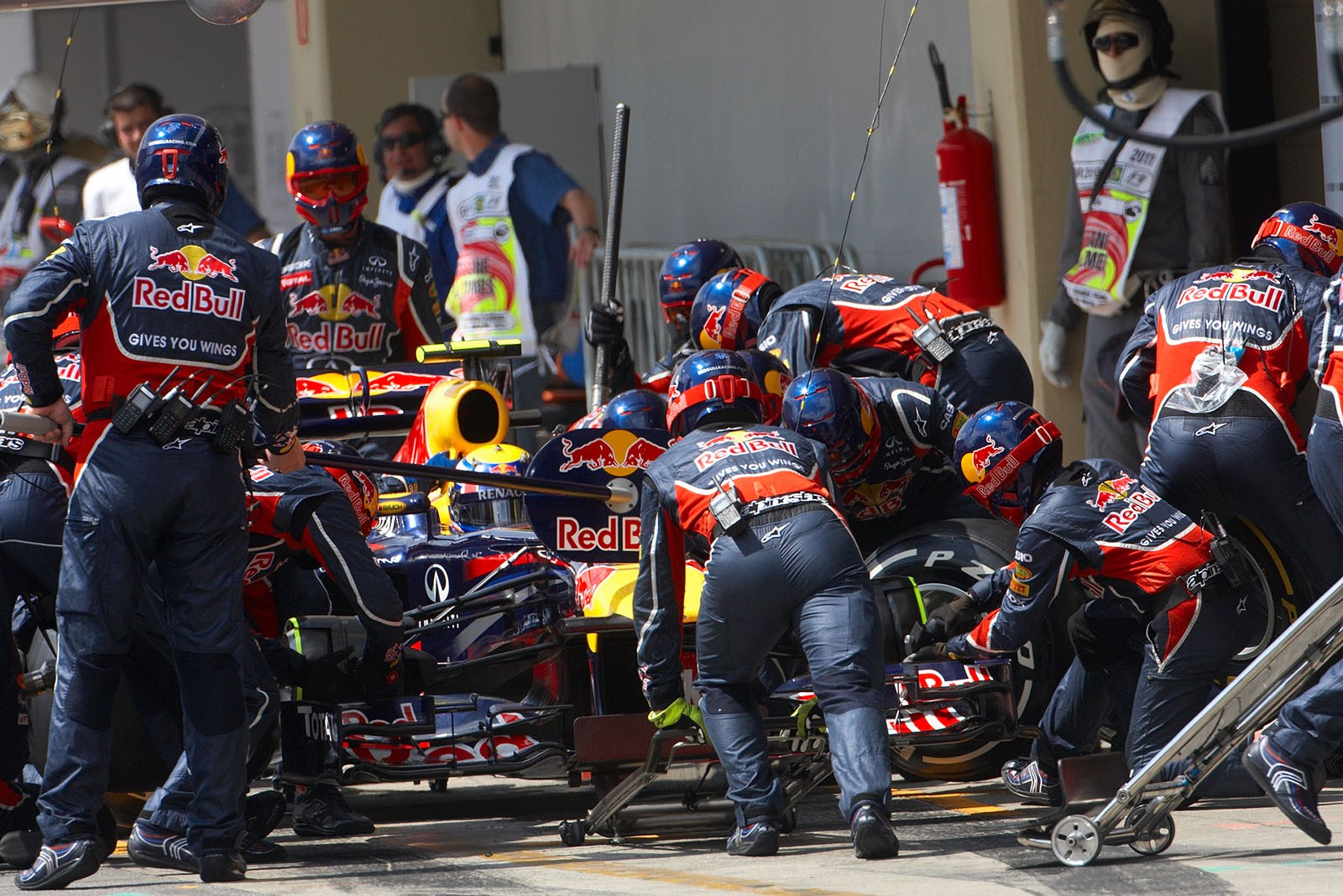 Mark Webber stops at Red Bull Racing pits