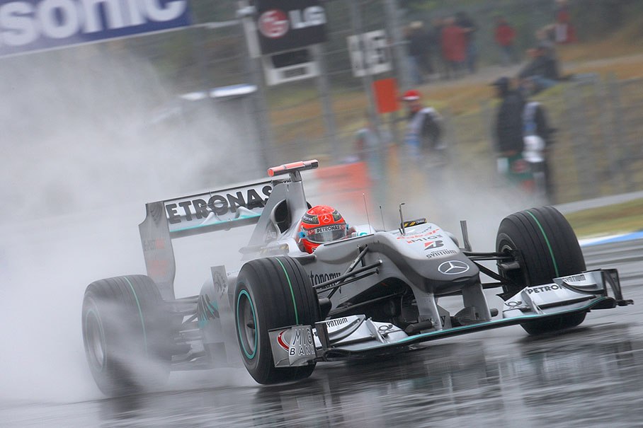 Michael Schumacher, Mercedes GP, during a rainy practice session in Hockenheim