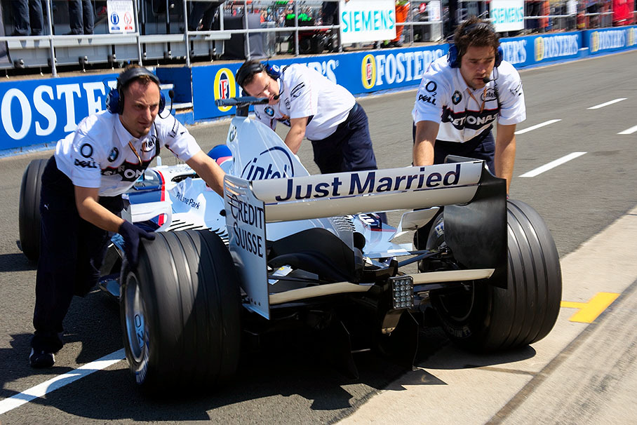 Jacques Villeneuve being pushed to a safe pit of marriage ;-)