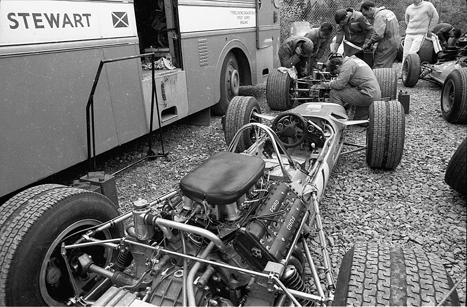 Jackie Stewart's Matra-Cosworth MS10 is being equipped in front of the engineering truck