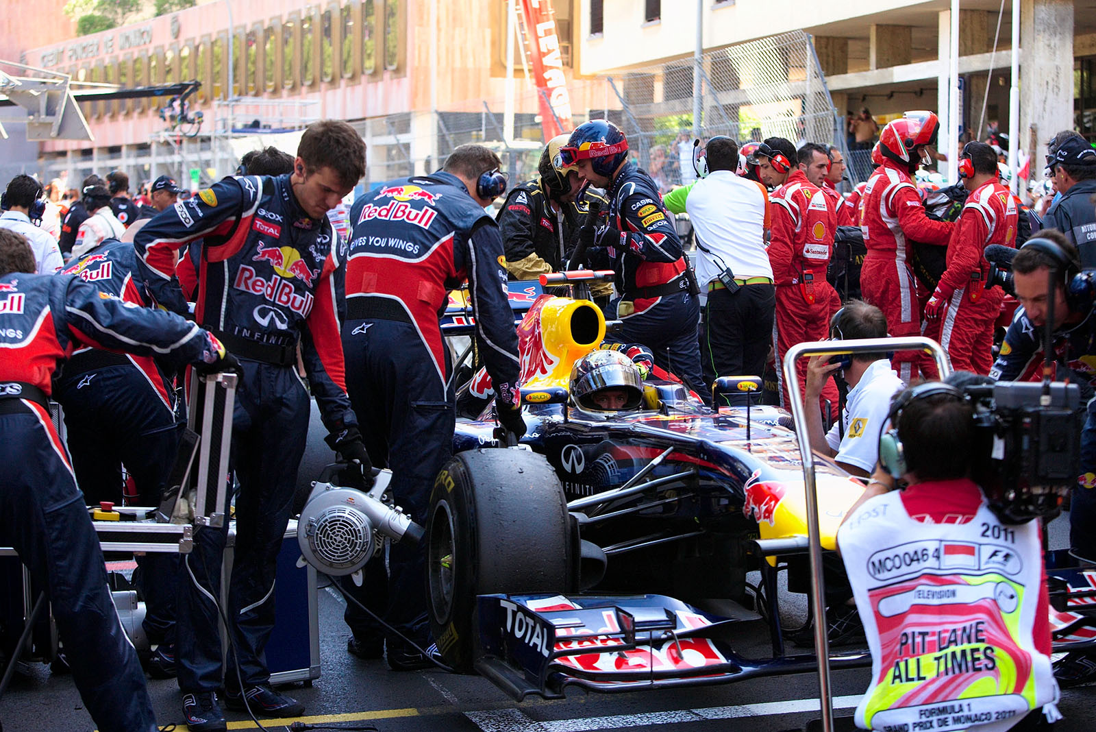 Sebastian Vettel, Red Bull Racing, waits for the race to be re-started.