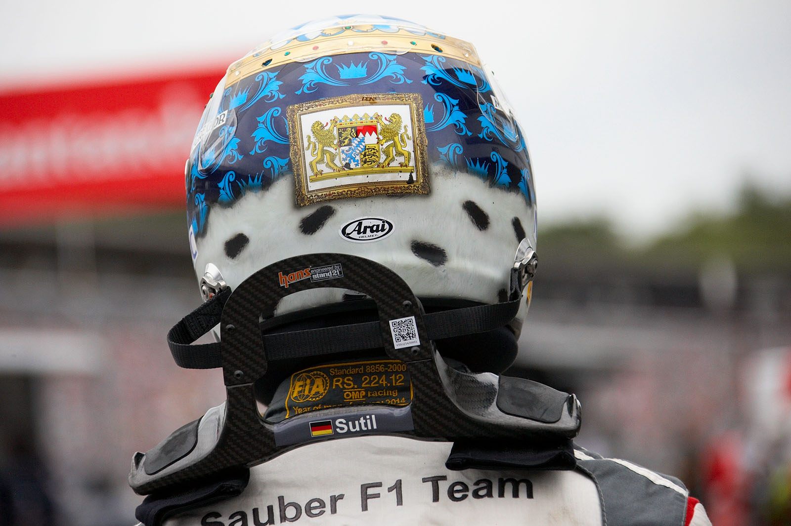 Adrian Sutil's helmet decorated with the coat of arms of the German state of Bavaria, Hockenheim, German Grand Prix, 2014