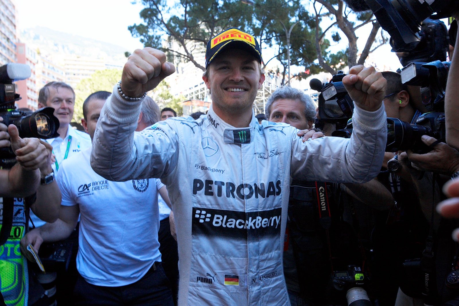Local hero and race winner Nico Rosberg of Mercedes celebrates after podium ceremony in Monaco