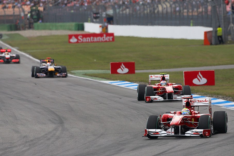 After the second lap of the German GP, third positioned Vettel and the two Ferraris with Massa in the lead enter turn one already widely spread
