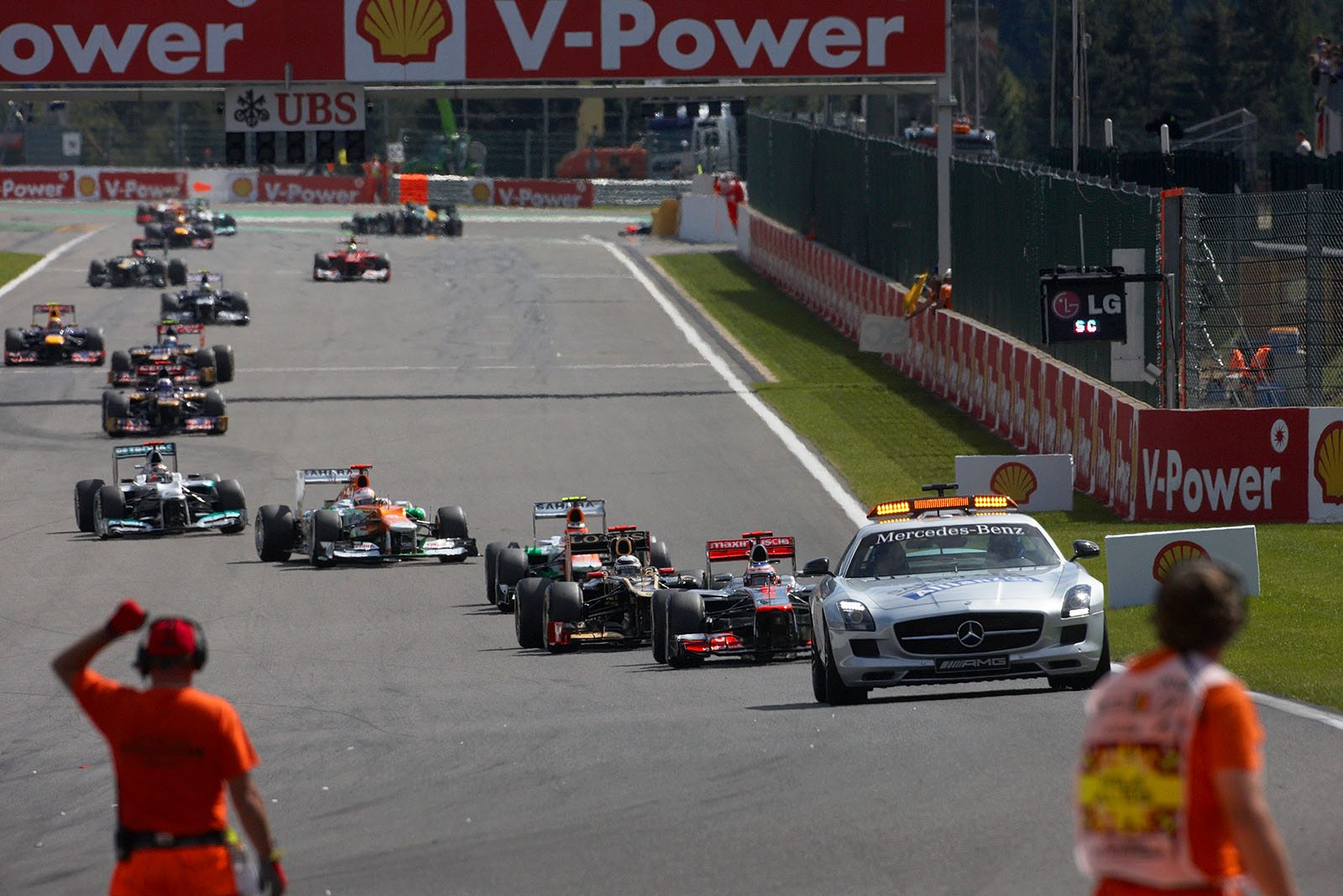 After the start accident, the safety car takes the lead of the field