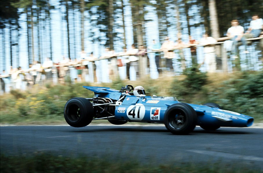 Jackie Stewart in the Matra-Cosworth MS80 during a practice session before the German GP
