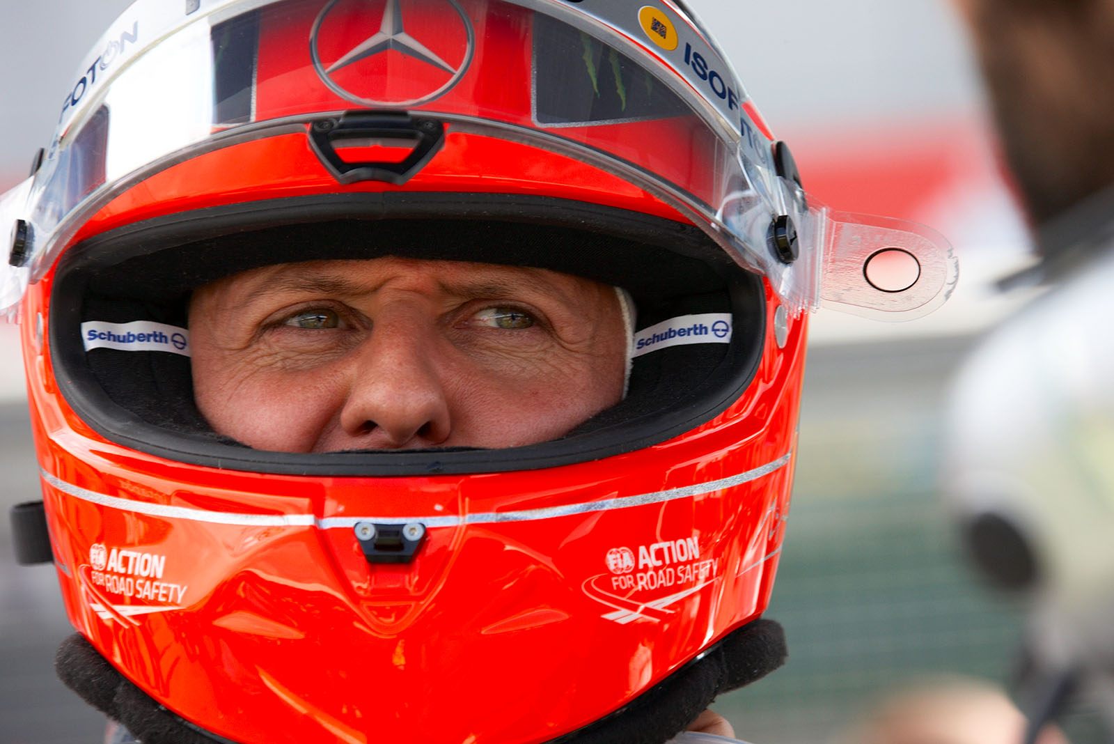 Michael Schumacher is prepared for the race on the grid