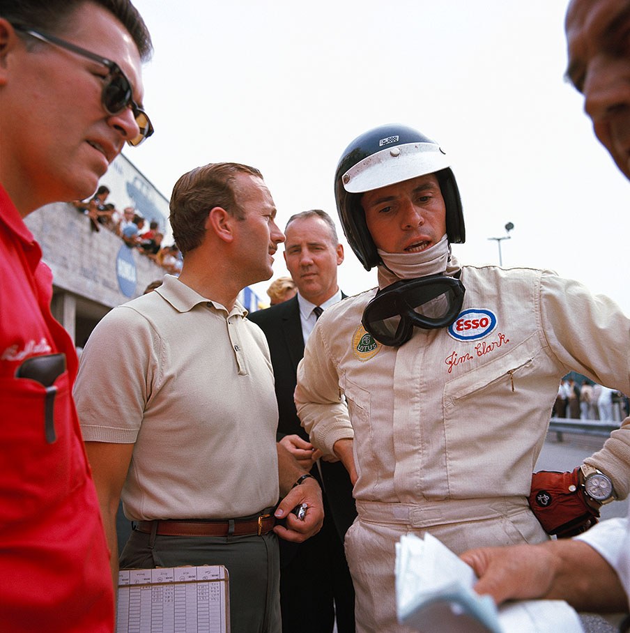 Lotus driver Jim Clark with team boss Colin Chapman during practice session for the Italian Grand Prix at Monza 1966.