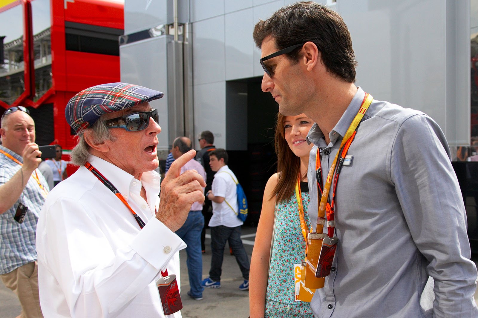Sunday morning, race day: Jackie Stewart and Mark Webber in the paddock, Spanish Grand Prix, Barcelona, 2015