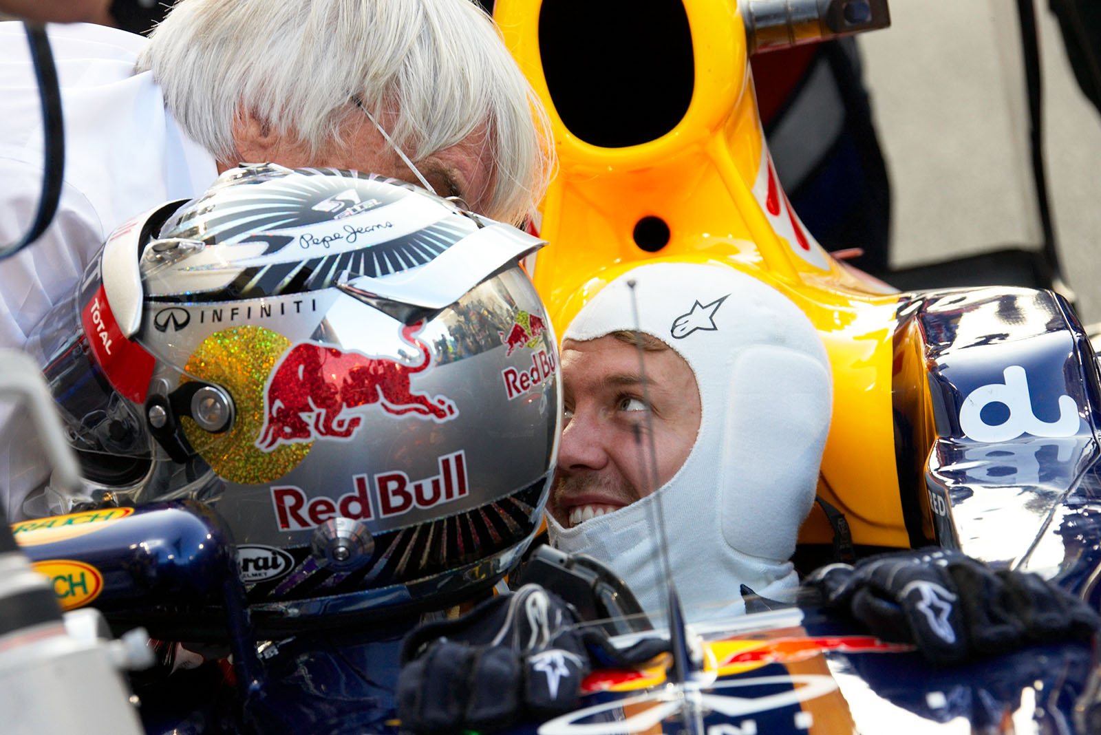 Bernie Ecclestone wishes Red Bull's Sebastian Vettel all the best for the race