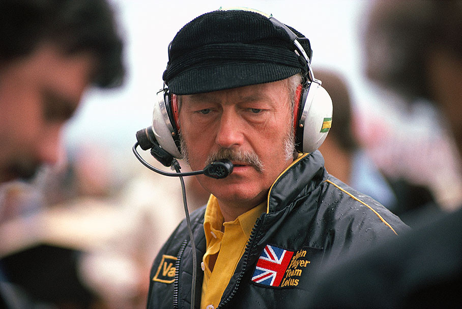 Colin Chapman, Lotus owner, during a slightly rainy practice session, French Grand Prix at Paul Riccard