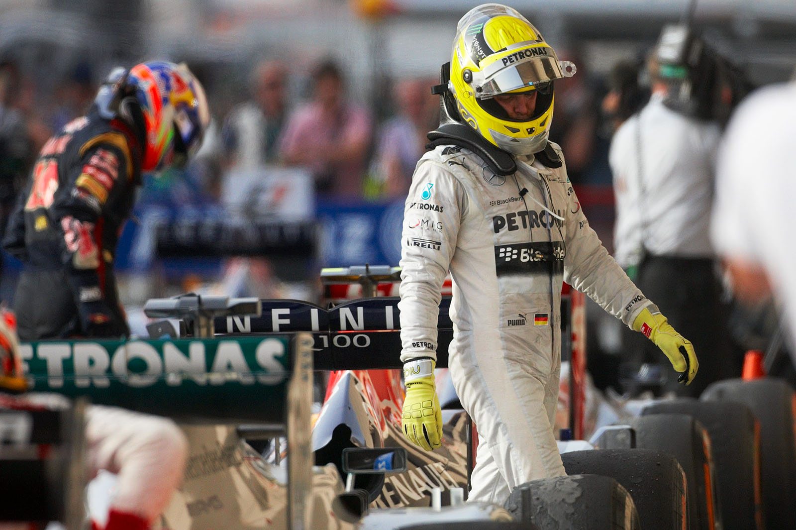 Former pole setter and short race leader Nico Rosberg of Mercedes GP arrives in parc ferme on 9th position