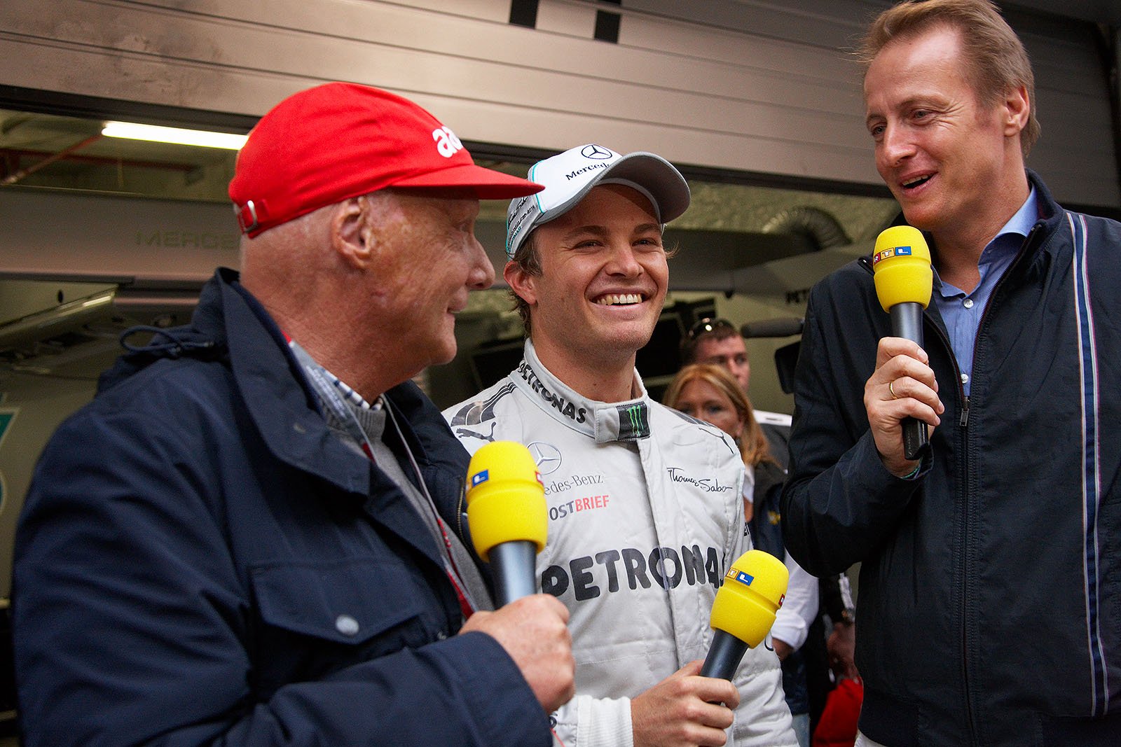 Nico Rosberg is interviewed after his 111th race and scoring the first Grand Prix win for Mercedes as a works entity since 1955