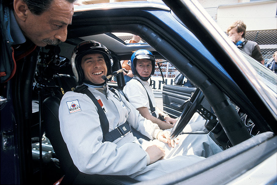 Jackie Stewart promotes the power of a Ford car during the Monaco GP weekend