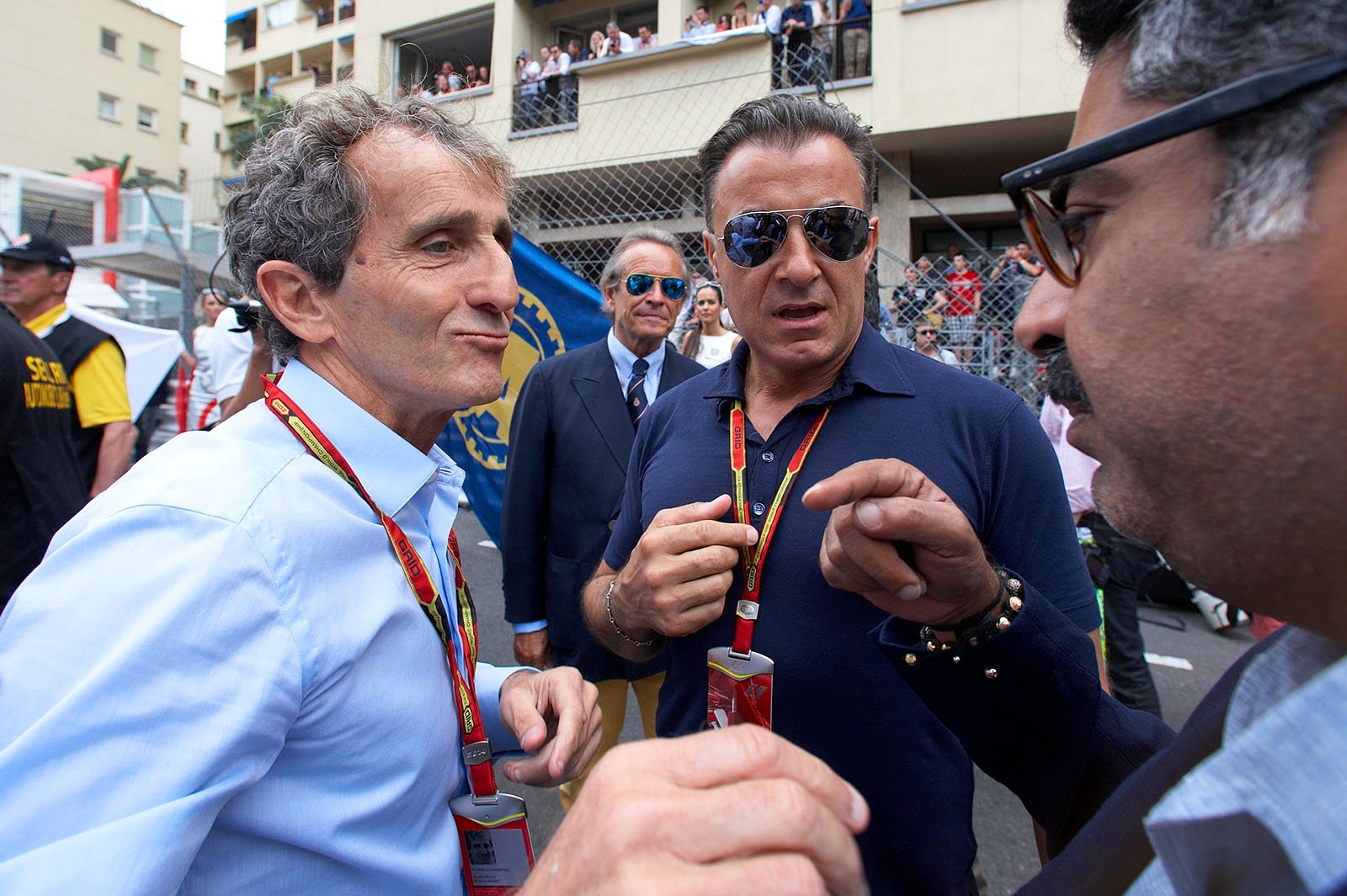 Former F1 drivers Alain Prost and Jean Alesi with the Bahrainian minister Sheikh Fawaz bin Mohammed Al Khalifa, on the grid, Monaco Grand Prix, 2014