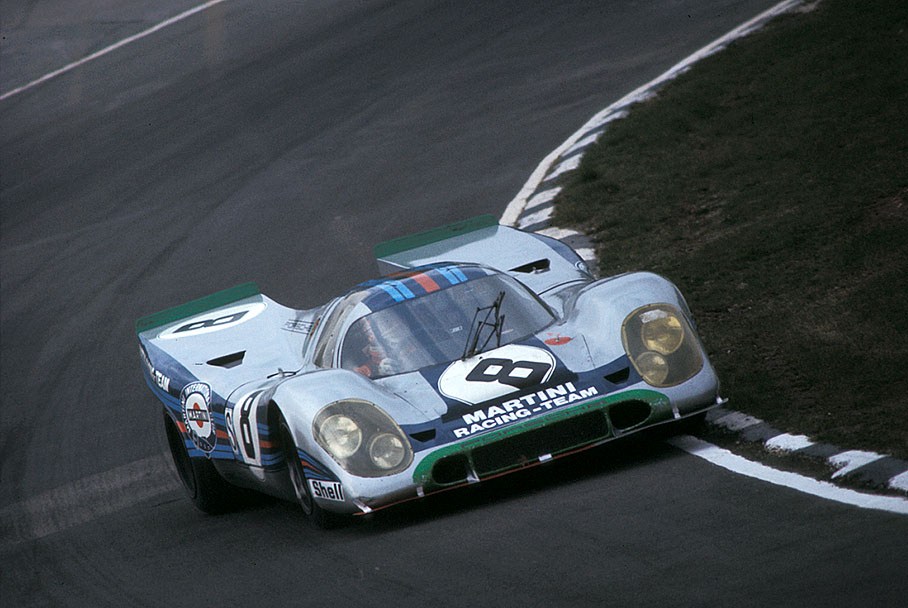 Porsche 917K (car #8) entered by Martini Rossi Racing Team, driven by Vic Elford and Brian Redman, retires with fuel tank leakage