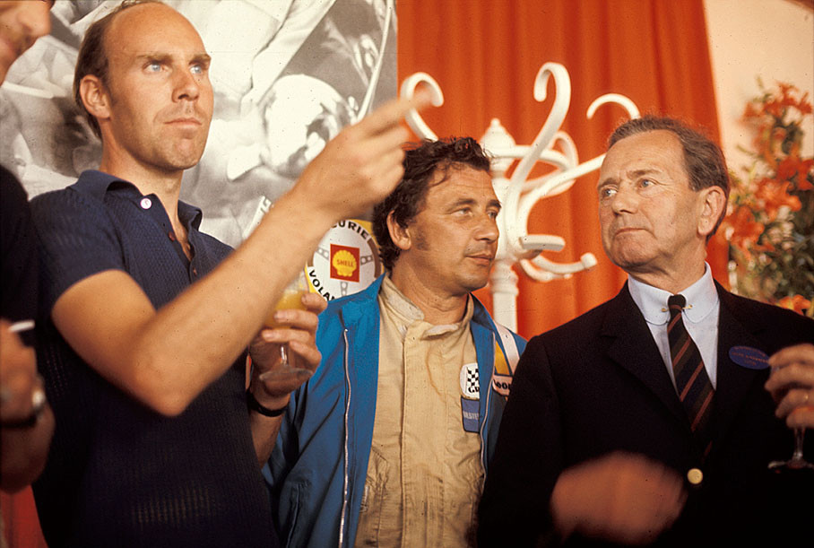 After winning the 1970 24h Le Mans endurance race, Richard Attwood, Hans Herrmann and Ferry Porsche enjoy the victory party in the Martini hospitality center