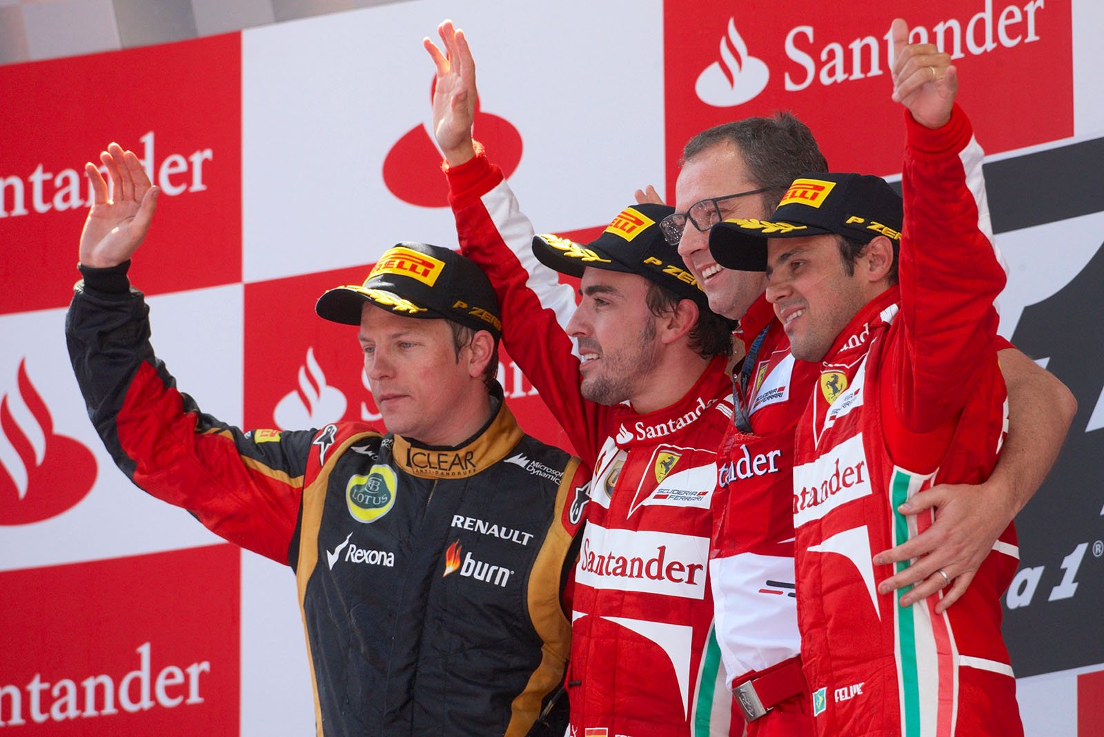 From left to right: 2nd placed Kimi Raikkonen, winner Fernando Alonso, Ferrari's Stefano Domenicali, and 3rd placed Felipe Massa, Spanish Grand Prix, Barcelona, 2013