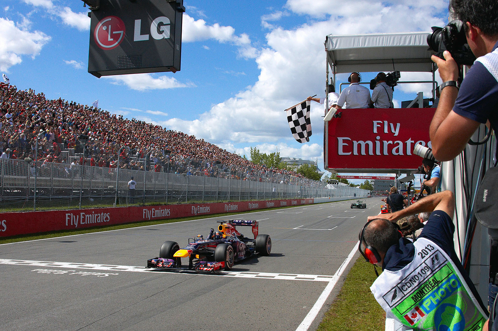 Red Bull driver Sebastian Vettel was never seriously challenged as he led from start to finish to win the Canadian Grand Prix at Montreal, extending his title lead in the 2013 championship