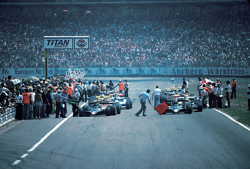 The cars line up on the grid of the German GP Hockenheim 1978, both Lotus on the front row