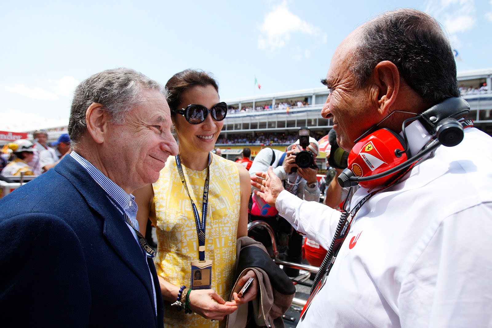 Santander chairman Emilio Botin, FIA president Jean Todt and Michelle Yeoh meet at the grid, Spanish Grand Prix, Barcelona, 2013