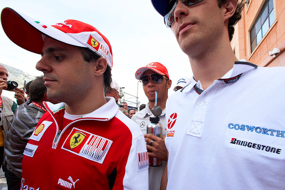 Felipe Massa, Bruno Senna and Lewis Hamilton on their way to drivers parade