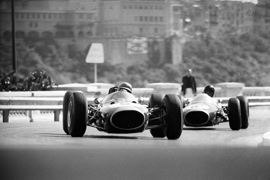 Jack Brabham in his own Brabham-Climax BT7, still in front of his team mate Gurney, GP Monaco 1964