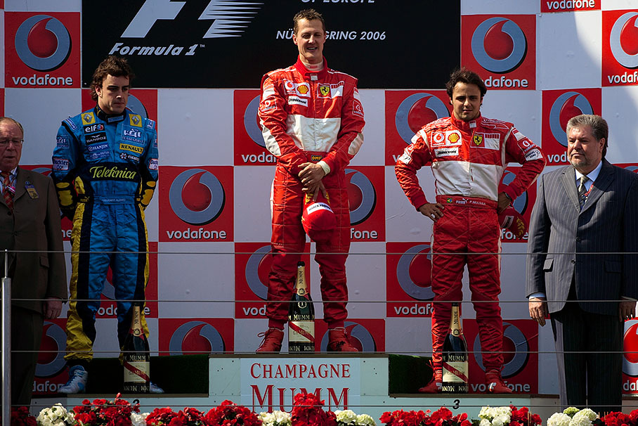 Fernando Alonso, Michael Schumacher and Felipe Massa