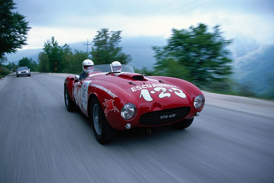 Audi's touring car pilot Emanuele Pirro and his wife Marlene compete the Mille Miglia 1998 in the dramatic 375 MM Spider Pinin Farina s/n 0376AM