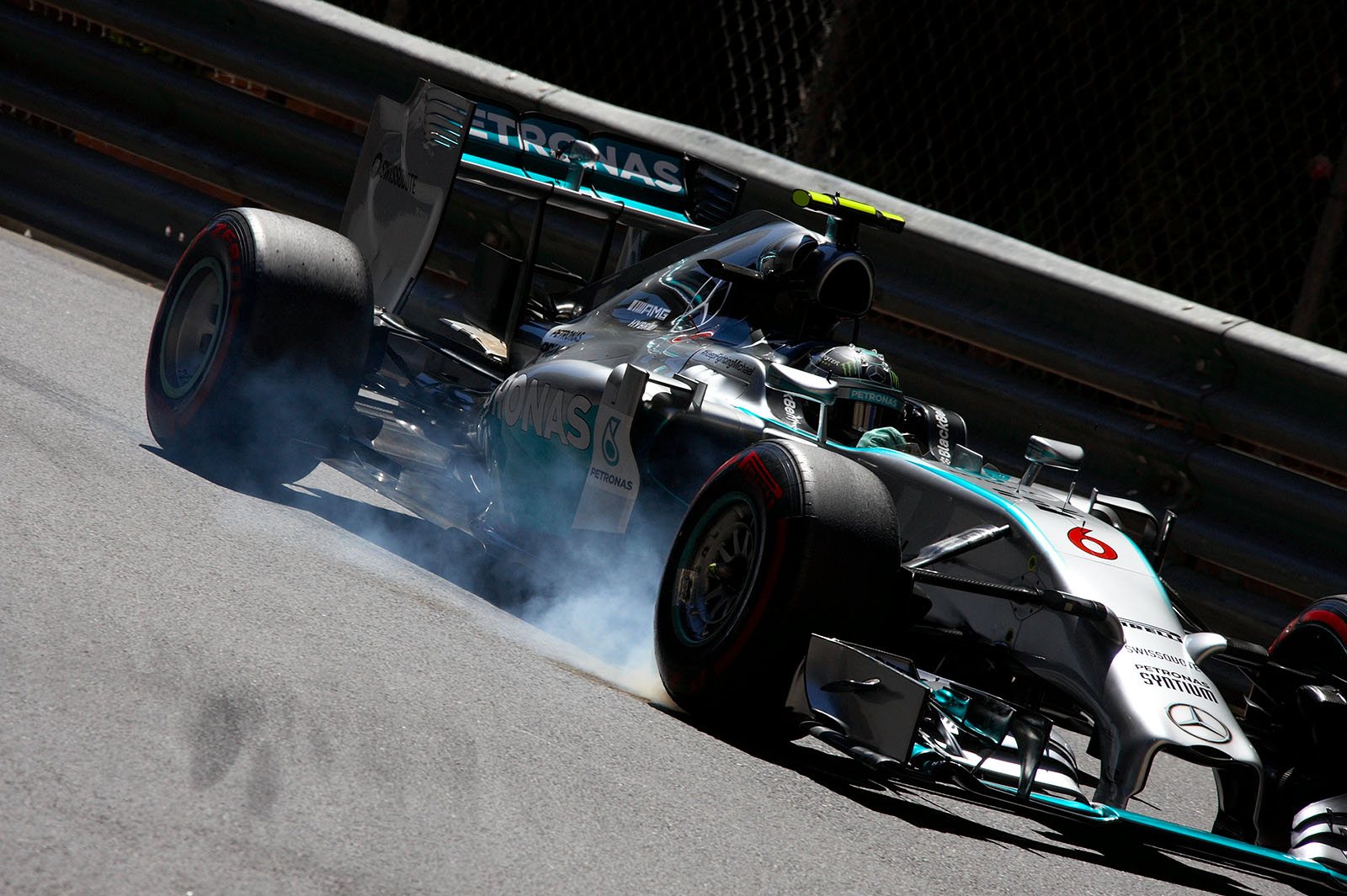 Nico Rosberg, Mercedes, just a bit too much over the limit, locking up the front tyres and taking the escape road at Mirabeau, qualifying, Monaco Grand Prix, 2014