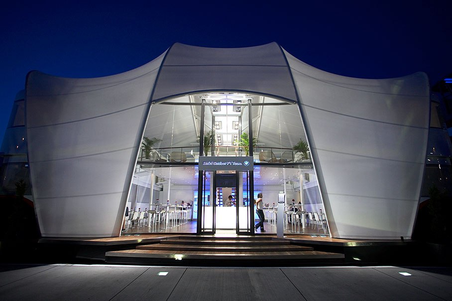 BMW Sauber's illuminated 'fairy castle' motorhome at dusk in Budapest's paddock