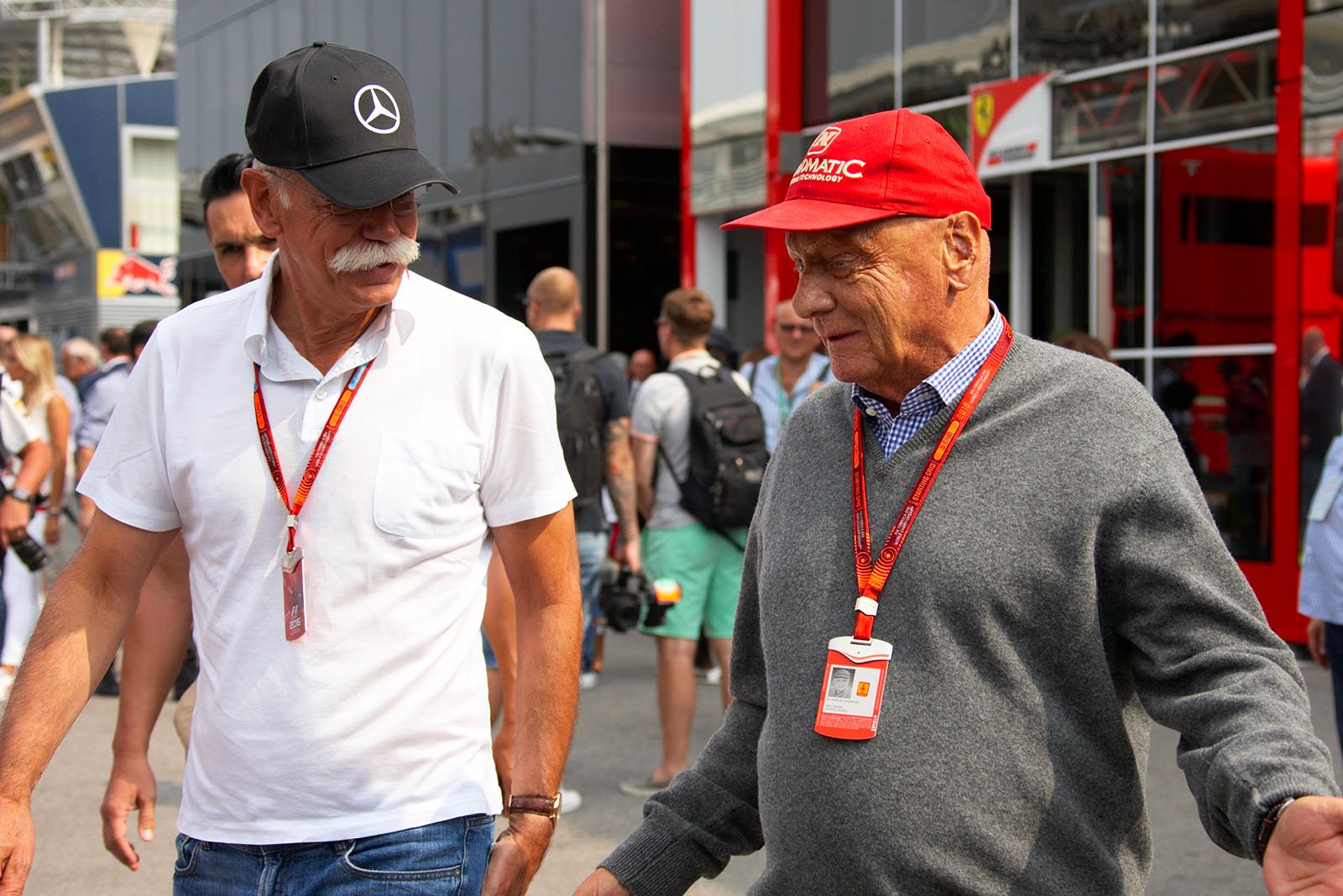 Dr. Dieter Zetsche, member of the management board at Daimler AG, with Niki Lauda, non-executive chairman of the Mercedes F1 Team, Monza, Italian Grand Prix, 2016